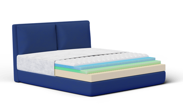 Breathable mattress inside 5 layers with bed isolated on transparent. Fitted mattress protector, Cotton fabric, Memory foam, nature para latex rubber. Comfortable bed advertisement. 3d rendering. png