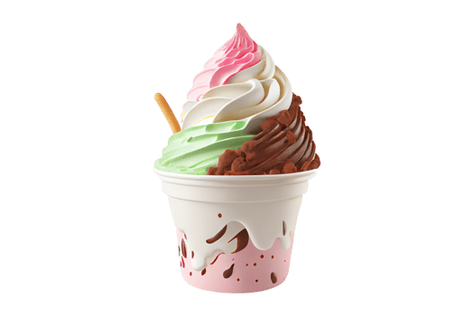 Tasty colorful ice cream cup with syrups and fruits on transparent background png