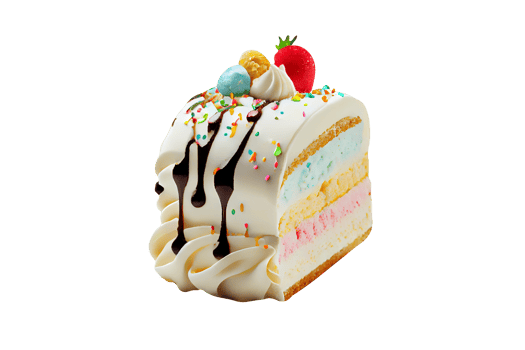 Fresh sweet ice cream cake with chocolate syrup and berries on transparent background png
