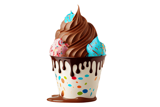Tasty colorful ice cream cup with syrups and fruits on transparent background png