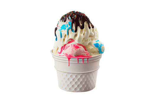 Tasty colorful ice cream cup with syrups and fruits on transparent background png