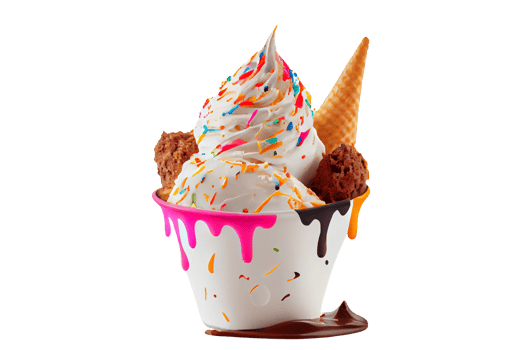 Tasty colorful ice cream cup with syrups and fruits on transparent background png