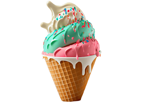 Tasty colorful ice cream cup with syrups and fruits on transparent background png