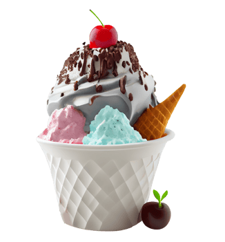 Tasty colorful ice cream cup with syrups and fruits on transparent background png