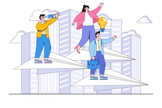 Achieving goal, motivation path to success, career advancement, search for ideas concept. Business people seeks up on a paper plane. Outline design style minimal vector illustration for landing page