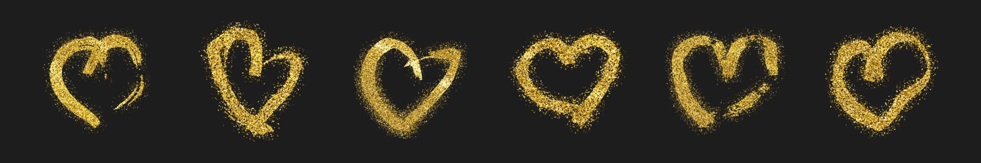 Set of six gold glitter doodle hearts on dark background. Gold grunge hand drawn heart. Romantic love symbol. Vector illustration.