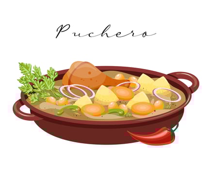 Hot dish Puchero, stewed vegetables with meat, Latin American cuisine. Food illustration, vector