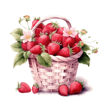 Watercolor strawberries in basket. Illustration png