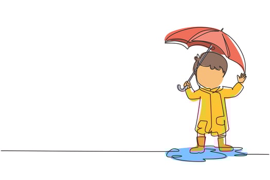 Continuous one line drawing little boy play wear raincoat and umbrella. Child playing in rain. Kid in raincoat and rubber boots plays in rain, puddle splashing. Single line draw design vector graphic