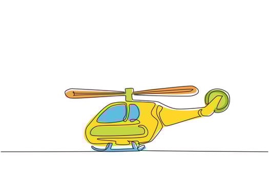 Continuous one line drawing toy helicopter. Children toys, air vehicles. Flying helicopter, for transportation. Transport for flight in air. Single line draw design vector graphic illustration