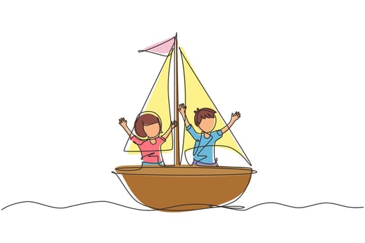 Continuous one line drawing smiling boy and girl in sailboat together. Happy kids sailing boats. Cute children on boat. Joyful adventures and travel. Single line design vector graphic illustration