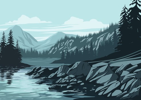 River and forest landscape with rocks and mountain in the background vector
