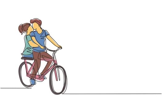 Continuous one line drawing young loving couple cycling. Romantic human relations, love story, newlywed family in honeymoon traveling adventure, passion, emotions. Single line design vector graphic