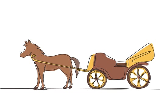 Single continuous line drawing vintage transportation, horse pulling carriage. vector