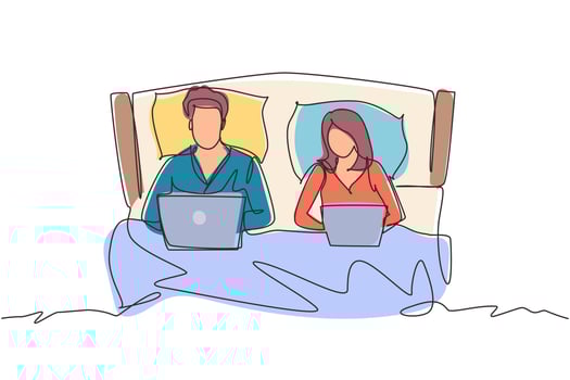 Continuous one line drawing Couple in bed. Man and woman with laptop surfing internet. Happy marriage activity before sleep. Romantic couple resting at bedroom. Single line draw design vector graphic