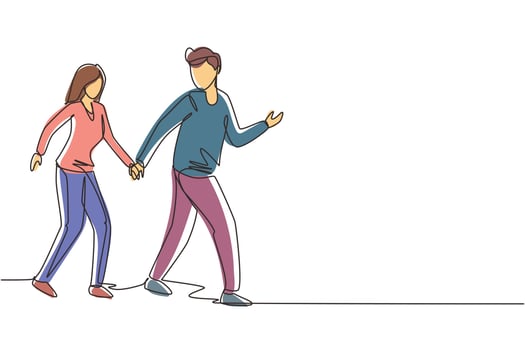 Single one line drawing happy man pulled woman hand. Romantic couple walking on romantic honeymoon promenade holiday. Couple summer vacation. Continuous line draw design graphic vector illustration