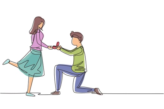 Single continuous line drawing man kneeling offering engagement ring to his girlfriend. Young guy on knees proposing girl to marry. Marriage proposal concept. One line draw design vector illustration