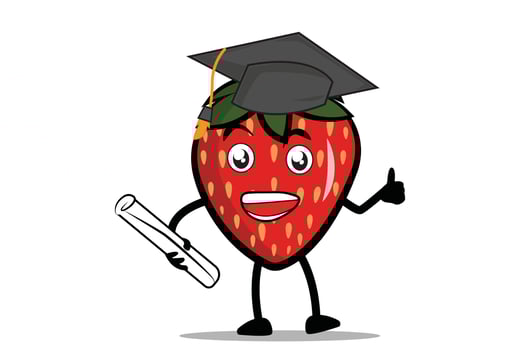 Strawberry Cartoon mascot or character holding a diploma and wearing a toga in graduation vector