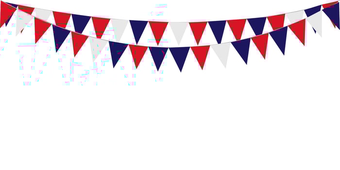 Bunting Hanging Red White Blue Flags Triangles Garland Banner Background. United State of America, France, Thailand, New Zealand, Netherlands, British, Great Britain, USA vector