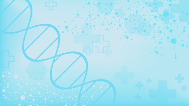 Molecular structure with DNA strand and hospital cross for medical, chemistry and science concept background. Vector illustration.