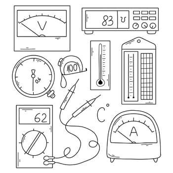 Set of metrological instruments in doodle style. Vector illustration. Linear measuring instruments.
