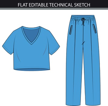 V-neck top and bottom set blu flat sketch editable technical sketch vector file.