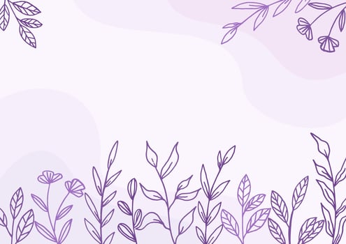 Beautiful Purple floral background with hand drawn leaves and flower border on pastel flat color for wedding invitation or engagement or greeting card vector