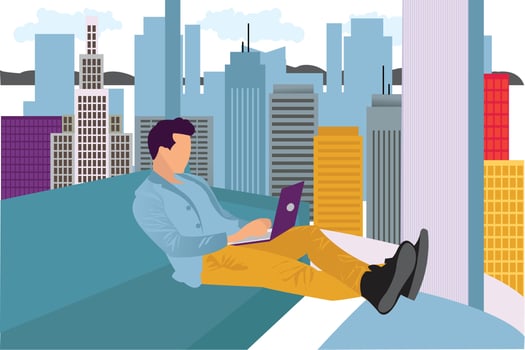 Man working inside room on laptop sitting on sofa, work from home theme vector illustration.