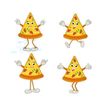 Pizza Cartoon Character, modern vector template set of mascot illustrations. Food Object Icon Concept Isolated Premium Vector.