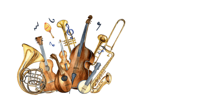 Guitar, violin, contrabass and banjo, mandolin watercolor illustration. Stringed and wind musical instruments hand drawn. Design element for flyer, live concert events, brochure, poster png