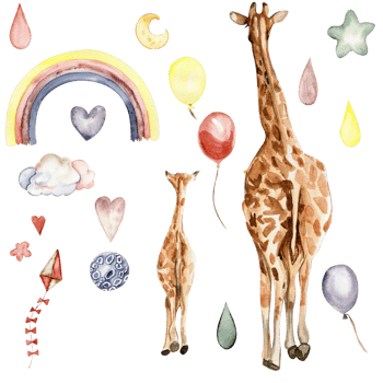 Watecolor hand drawn giraffe illustration and rainbow. png