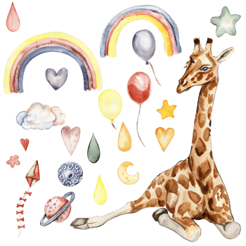 Watecolor hand drawn giraffe illustration and rainbow. png