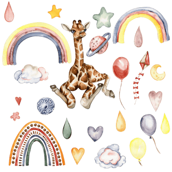 Watecolor hand drawn giraffe illustration and rainbow. png