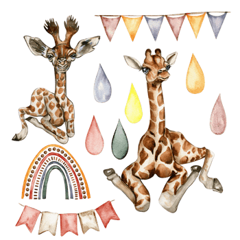 Watecolor hand drawn giraffe illustration and rainbow png