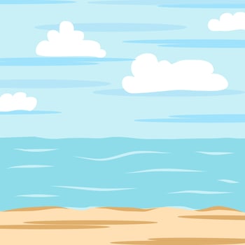 Beach background vector, cloud, wave, sea, ocean, sky, sand. Beach landscape-digital painting illustration. Vector illustration-ocean on background. Banner, site, poster template.