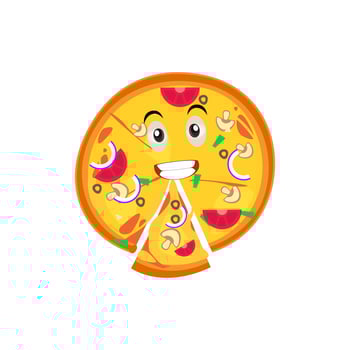 Pizza cartoon character, pizza character emotions, face, arms and legs. Funny cartoon characters. Trendy illustration in retro style. Vector kawaii line cartoon style illustration