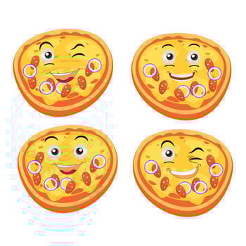 Pizza cartoon character, pizza character emotions, face, arms and legs. Funny cartoon characters. Trendy illustration in retro style. Vector kawaii line cartoon style illustration