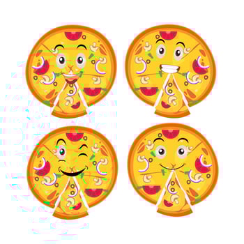 Pizza cartoon character, pizza character emotions, face, arms and legs. Funny cartoon characters. Trendy illustration in retro style. Vector kawaii line cartoon style illustration