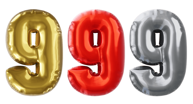 Balloon number 9, red golden silver Realistic 3D png