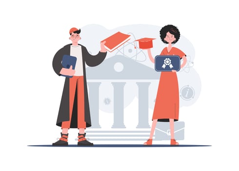 A man and a woman stand in full growth with a graduation hat and a book in their hands. Education. Element for presentations, sites. vector