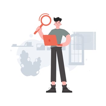 The guy is standing in full growth holding a magnifying glass. Search. Element for presentations, sites. vector