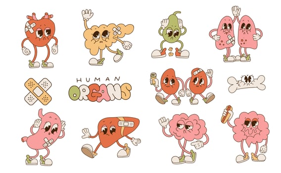 Cute retro cartoon style unhealthy sick human internal organ characters set with brain, lung, intestine, bone, heart, kidney, liver and stomach mascots. Vector disease anatomy isolated illustration