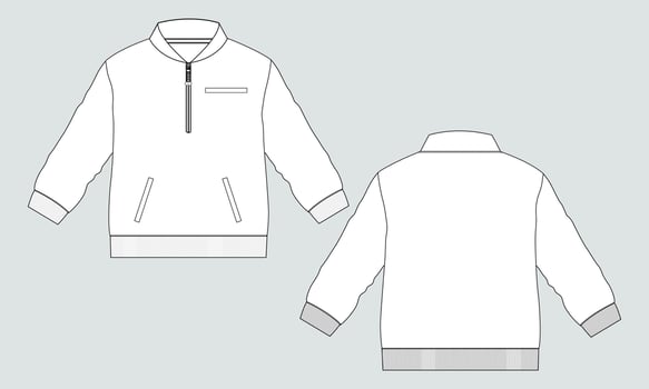 Long sleeve jacket with pocket and zipper technical fashion flat sketch vector illustration template front and back views. Fleece jersey sweatshirt jacket for men's and boys.