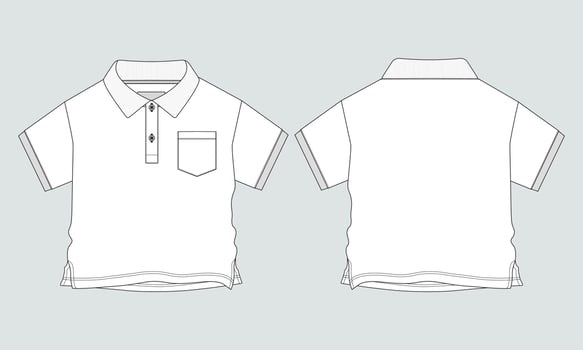 Baby boys Polo shirt technical drawing fashion flat sketch vector illustration template front and back views. Apparel design mock up for kids isolated on grey background