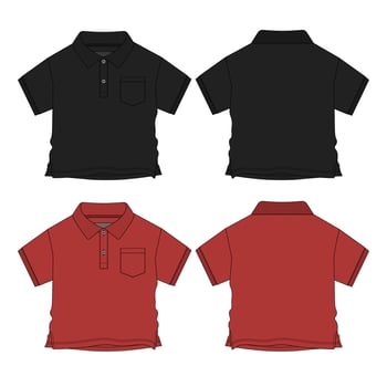 Baby boys Polo shirt technical drawing fashion flat sketch vector illustration black and red color template front and back views. Apparel design mock up for kids isolated on White background