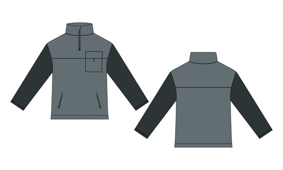 Two tone Color Long sleeve jacket with pocket and zipper technical fashion flat sketch vector illustration template front and back views. Fleece jersey sweatshirt jacket for men's and boys.