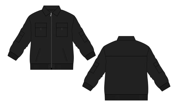 Long sleeve jacket with pocket and zipper technical fashion flat sketch vector illustration black color template front and back views. Fleece jersey sweatshirt jacket for men's and boys.