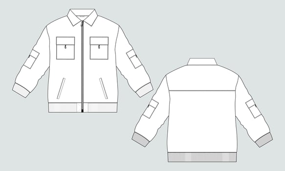 Long sleeve jacket with pocket and zipper technical fashion flat sketch vector illustration template front and back views. Fleece jersey sweatshirt jacket for men's and boys.