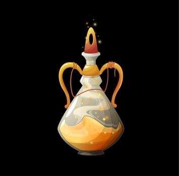 Cartoon potion bottle with golden dust, spell vector