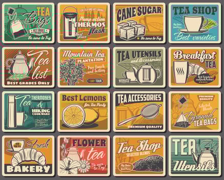 Tea bags, accessories and bakery shop retro poster vector
